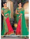 Faux Chiffon Green And Rose Pink Embroidered Work Half N Half Saree