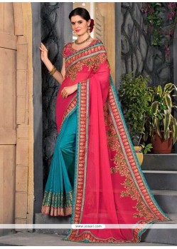 Blue And Hot Pink Faux Chiffon Half N Half Designer Saree