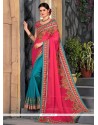 Blue And Hot Pink Faux Chiffon Half N Half Designer Saree