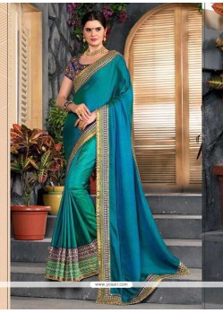 Embroidered Art Silk Designer Half N Half Saree In Sea Green And Teal