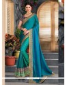 Embroidered Art Silk Designer Half N Half Saree In Sea Green And Teal