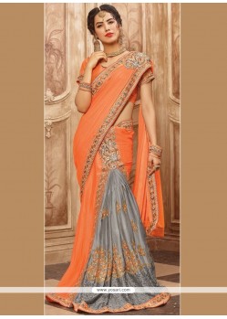 Zari Work Grey And Orange Designer Saree