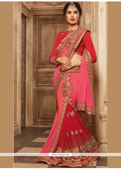 Pink And Red Patch Border Work Georgette Designer Saree