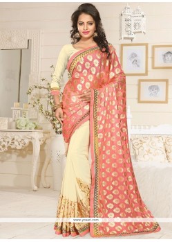 Lycra Peach And White Half N Half Saree