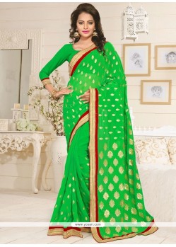 Faux Georgette Green Lace Work Classic Saree