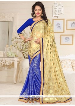 Blue And Cream Lace Work Lycra Designer Half N Half Saree