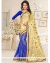 Blue And Cream Lace Work Lycra Designer Half N Half Saree