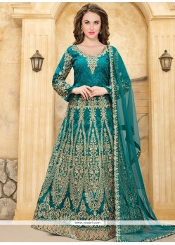 Tafeta Silk Sea Green Lace Work Floor Length Anarkali Suit