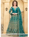 Tafeta Silk Sea Green Lace Work Floor Length Anarkali Suit