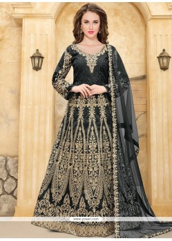 Lace Tafeta Silk Floor Length Anarkali Suit In Black