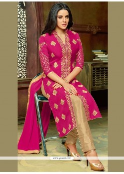Lace Work Art Silk Hot Pink Pant Style Suit