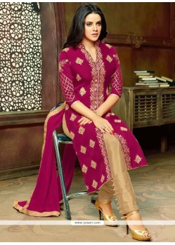 Embroidered Art Silk Pant Style Suit In Magenta