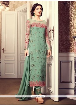 Embroidered Work Sea Green Faux Georgette Designer Straight Suit