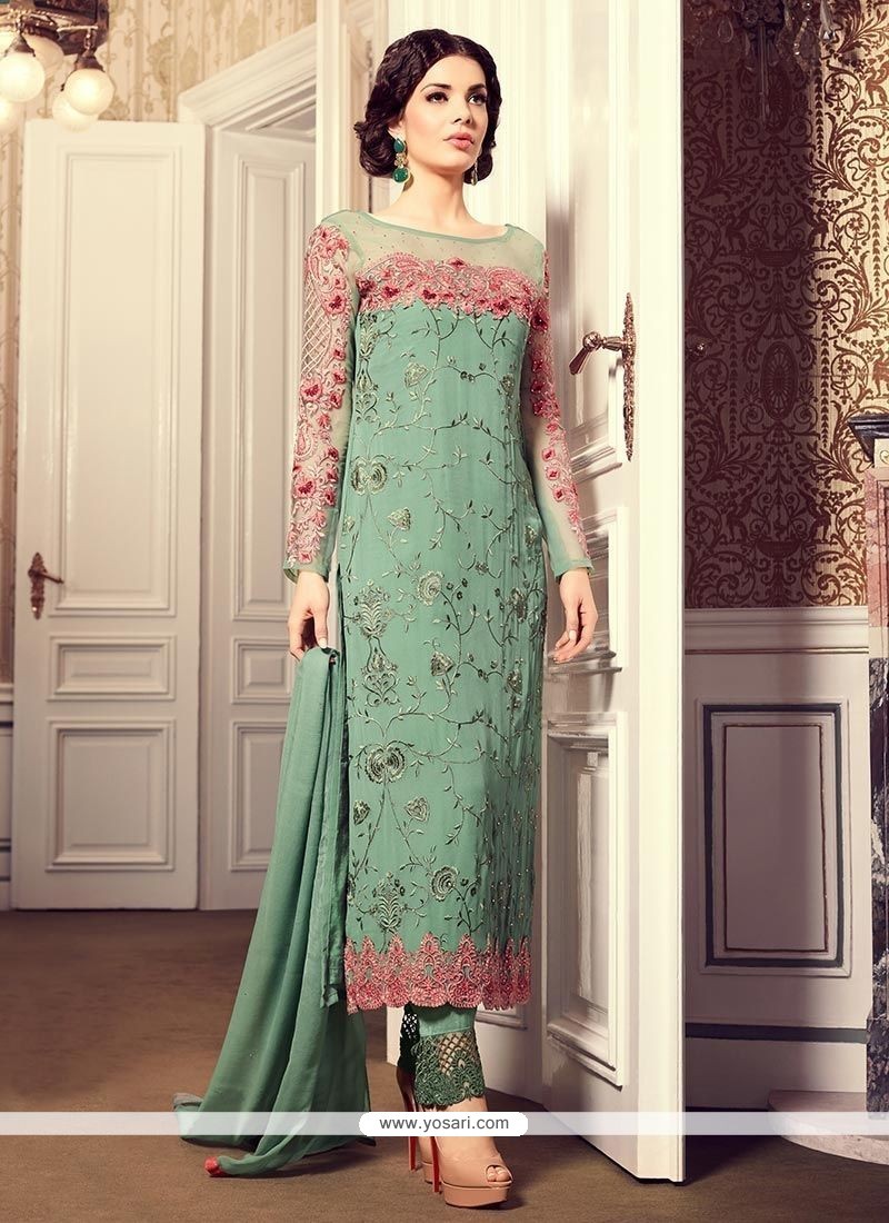 Buy Embroidered Work Sea Green Faux Georgette Designer Straight ...