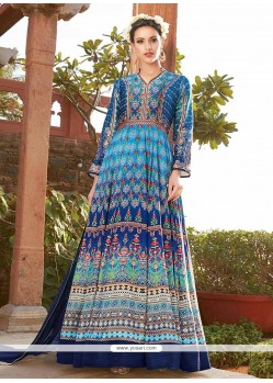 Blue Satin Floor Length Anarkali Suit