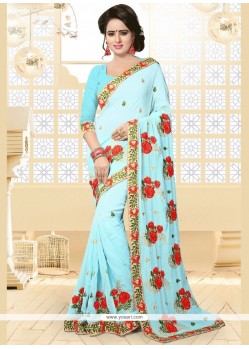 Fancy Fabric Blue Embroidered Work Classic Saree