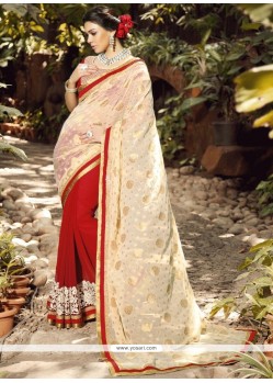 Viscose Beige And Red Designer Half N Half Saree