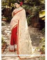 Viscose Beige And Red Designer Half N Half Saree