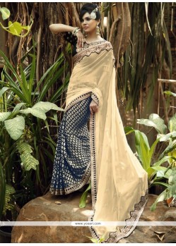 Beige And Grey Patch Border Work Brasso Half N Half Designer Saree