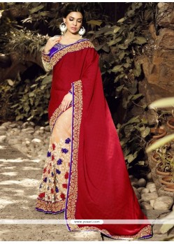 Art Silk Beige And Red Designer Half N Half Saree