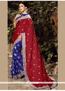 Satin Blue And Maroon Designer Half N Half Saree