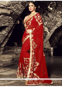 Faux Chiffon Maroon Patch Border Work Classic Designer Saree