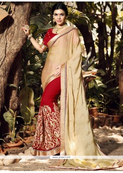 Beige And Red Embroidered Work Half N Half Designer Saree