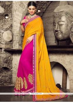 Hot Pink And Yellow Art Silk Designer Half N Half Saree