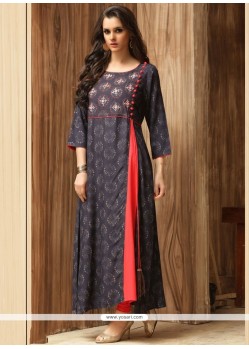 Print Work Navy Blue Cotton Party Wear Kurti