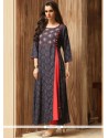 Print Work Navy Blue Cotton Party Wear Kurti