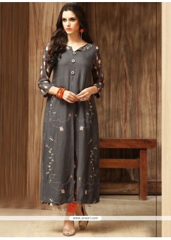 Print Work Grey Cotton Party Wear Kurti