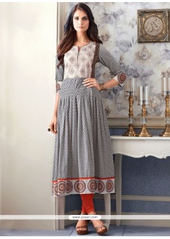 Print Work Grey Cotton Party Wear Kurti