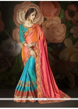 Art Silk Blue, Hot Pink And Orange Designer Half N Half Saree