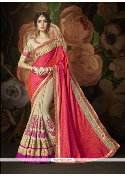 Embroidered Work Beige And Hot Pink Art Silk Designer Half N Half Saree