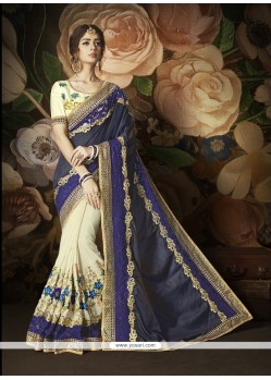 Art Silk Cream And Navy Blue Embroidered Work Half N Half Saree