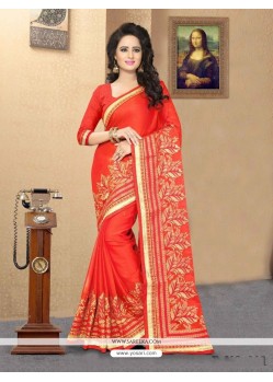 Red Patch Border Work Faux Chiffon Saree