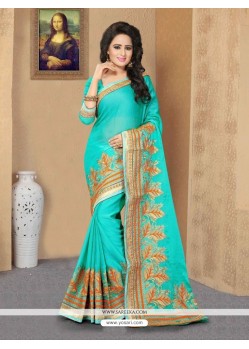 Embroidered Work Turquoise Faux Chiffon Classic Saree