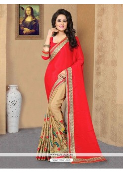 Fancy Fabric Beige And Red Designer Half N Half Saree