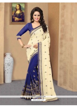 Embroidered Work Cream And Navy Blue Designer Half N Half Saree