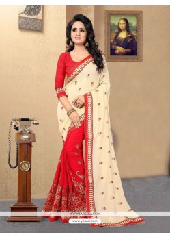 Cream And Red Fancy Fabric Half N Half Designer Saree