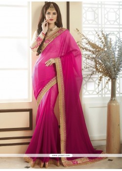 Pink And Rani Embroidered Work Satin Shaded Saree