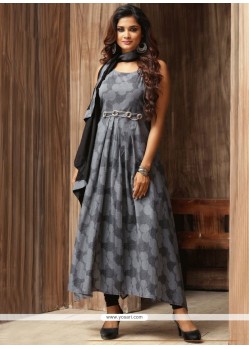 Cotton Grey Print Work Party Wear Kurti