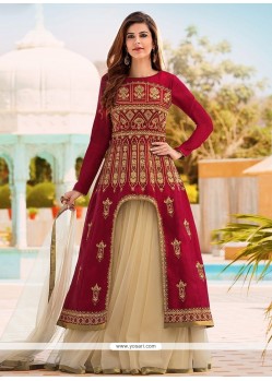 Beige And Maroon Long Choli Lehenga