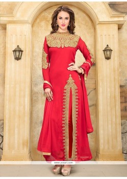 Red Embroidered Work Faux Georgette Designer Suit
