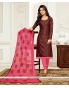Resham Work Brown And Rose Pink Cotton Churidar Designer Suit