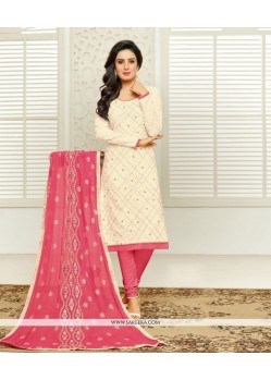 Cotton Rose Pink And White Embroidered Work Churidar Designer Suit