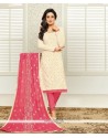 Cotton Rose Pink And White Embroidered Work Churidar Designer Suit