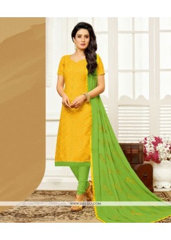 Green And Yellow Embroidered Work Churidar Designer Suit