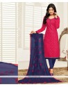 Resham Work Cotton Navy Blue And Rani Churidar Designer Suit