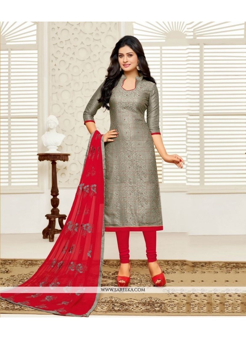 Resham Work Cotton Grey Churidar Designer Suit